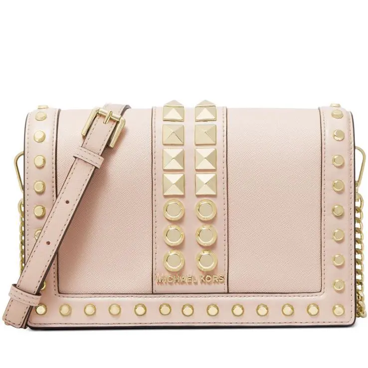 Michael Kors Jet Set Flap Chain Leather Crossbody Bag Soft Pink Gold Stud