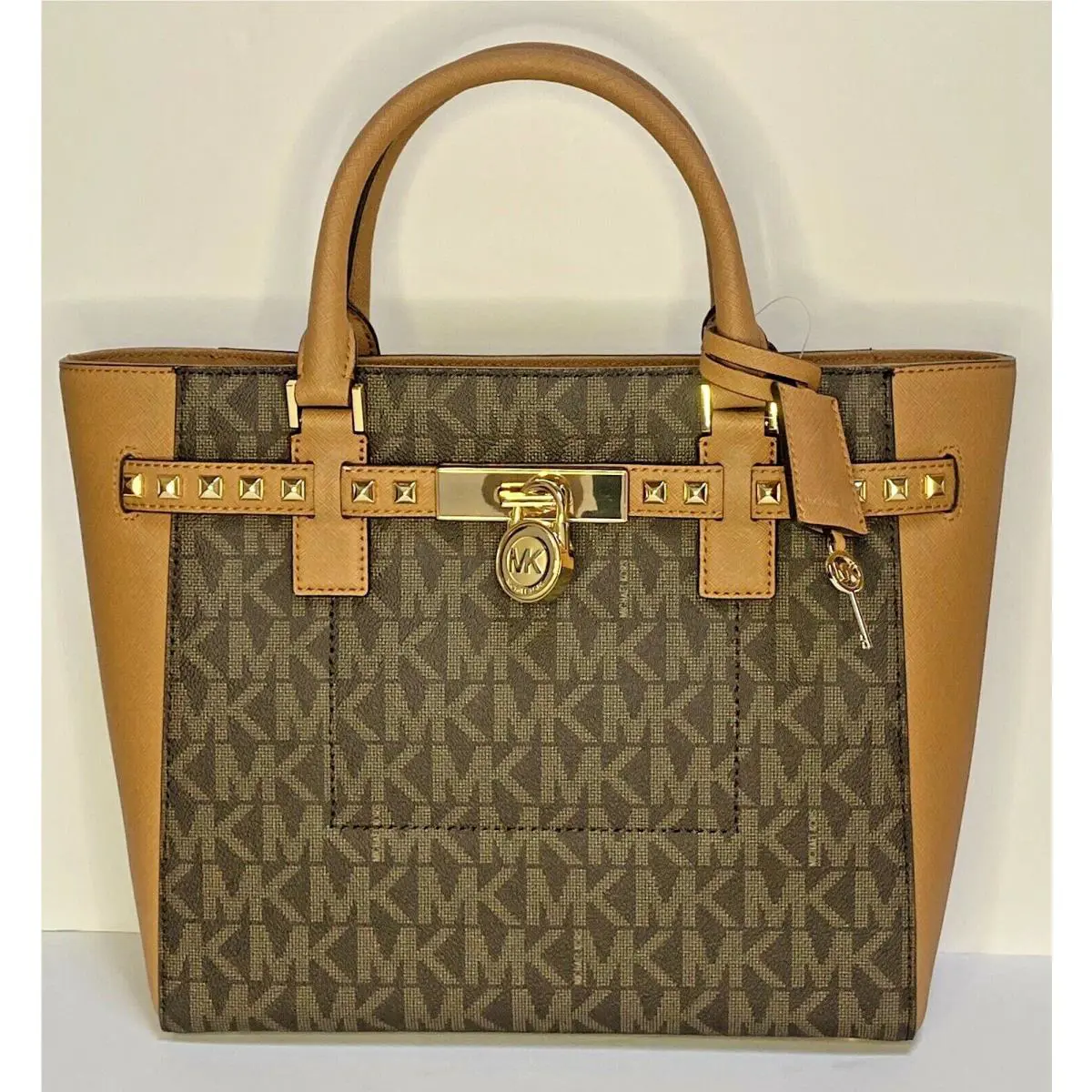 Michael Kors Hamilton Traveler Studded Tote Leather Handbag Brown Acorn Satchel
