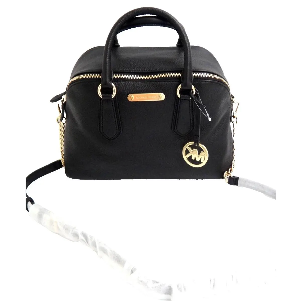 Michael Kors Women MK Gillian LG Satchel Bag Black Leather Gold Logo 38S8XNGS3L