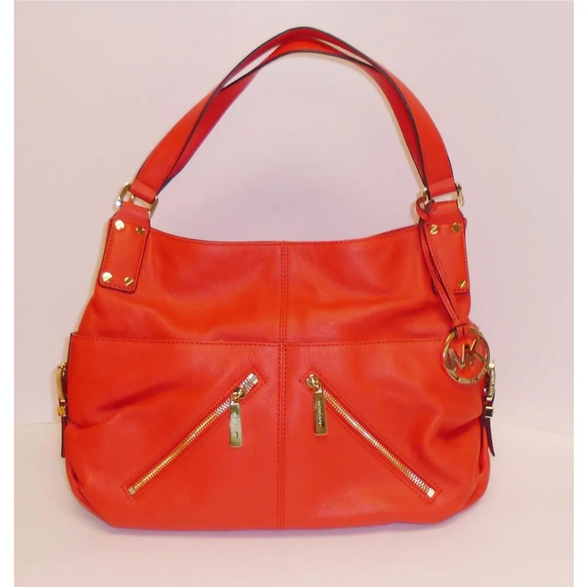 Michael Kors Portland Mandarin Red Soft Leather Gold Logo Shoulder Bag
