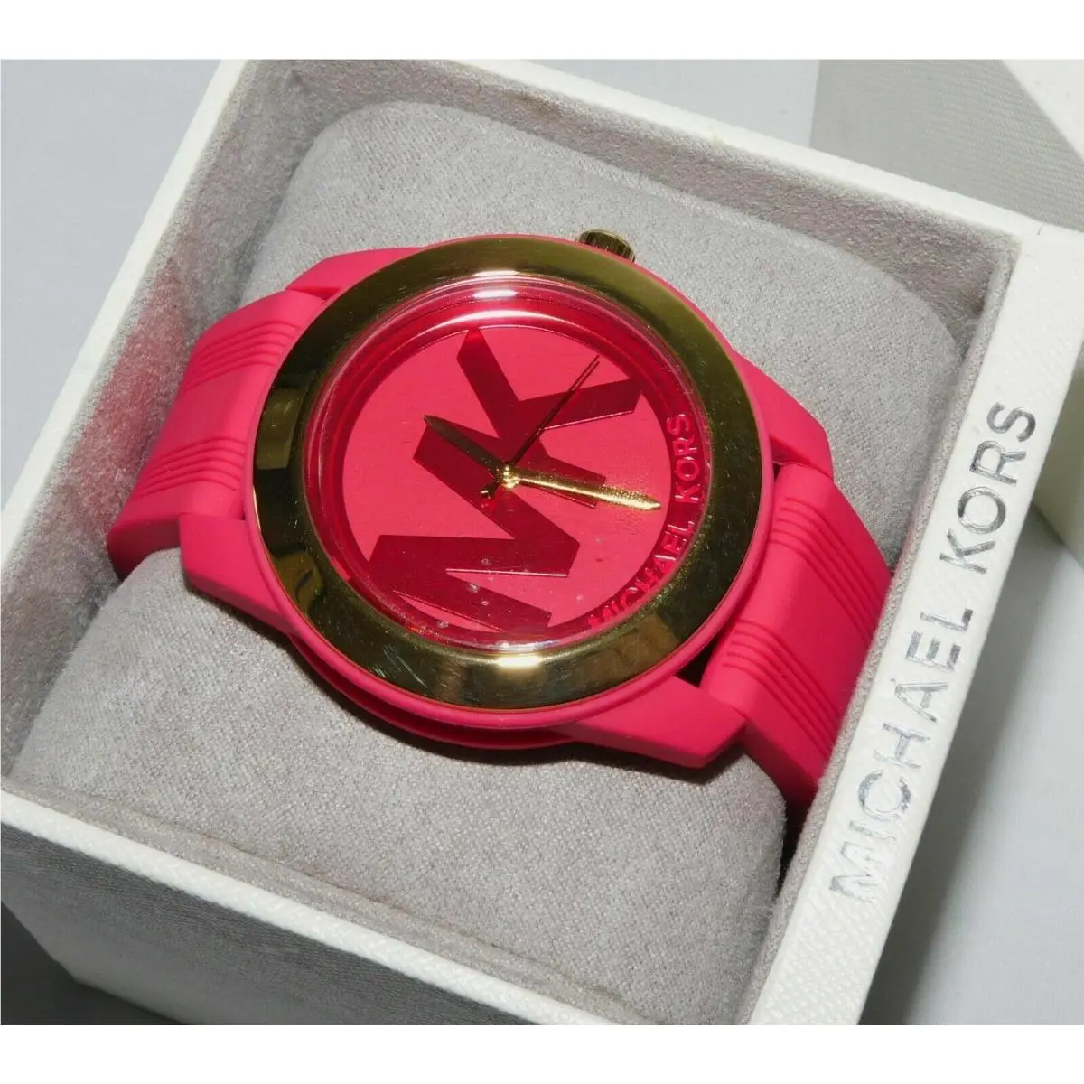 Preston Gold Dark Pink Silicone Band MK Logo Dial Watch MK2533 by Michael Kors
