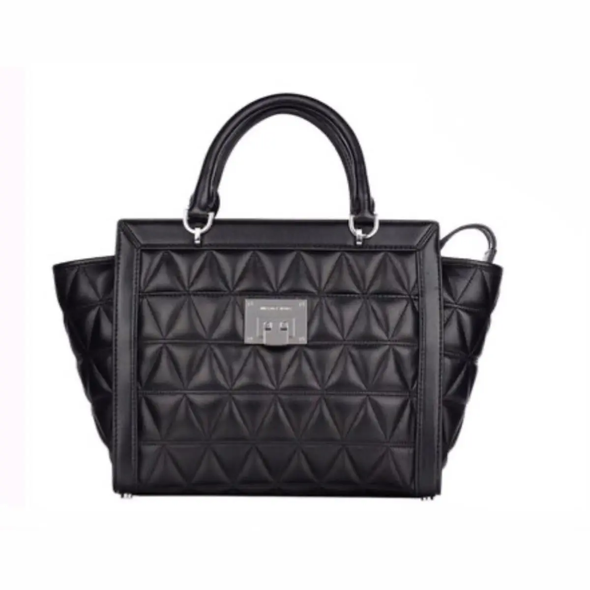 Michael Kors Vivianne LG Top Zip Satchel Bag In Black W/ Silver Quilted Leather