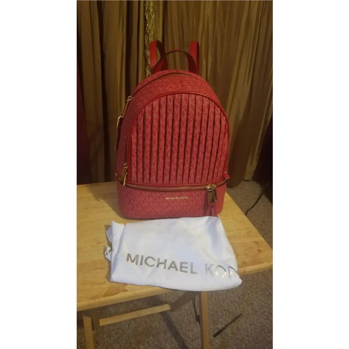 Michael Kors Signature Rhea Zip Medium Backpack Bag Pleated Crimson Red Gold