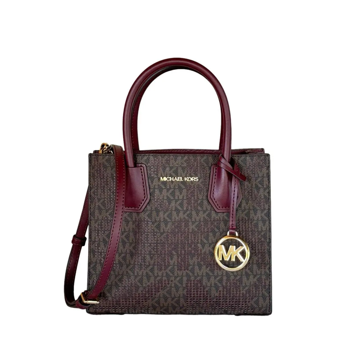 Michael Kors Mercer MD Satchel Shoulder Crossbody Bag MK Graphic Brown Merlot