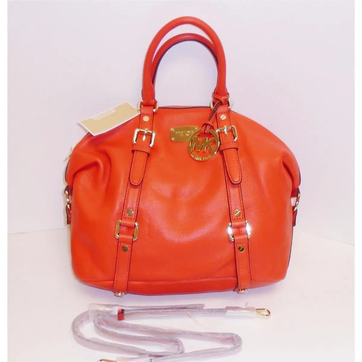 Michael Kors Bedford Mandarin Red Leather Gold Buckle Satchel Crossbody Handbag