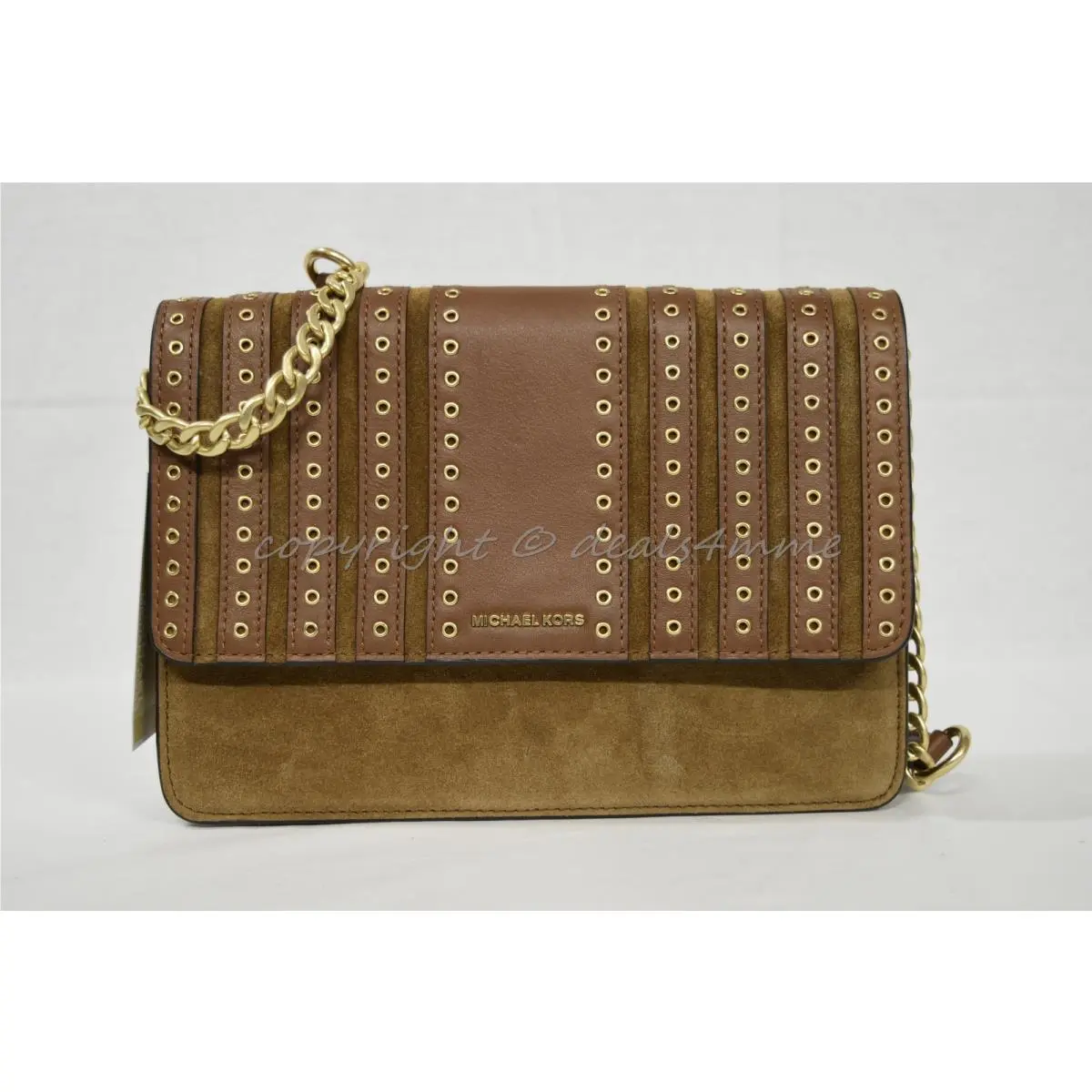Michael Kors Brooklyn Grommet Large Leather Suede Crossbody Bag in Dark Caramel