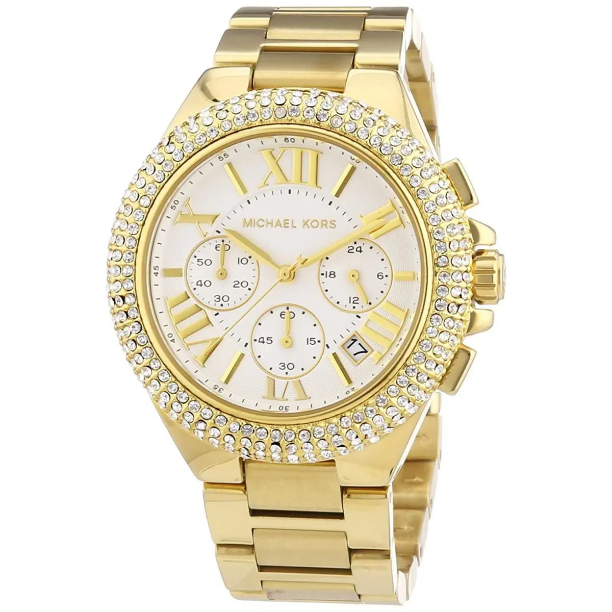 Michael Kors Camille Gold Pave Crystals Covered Bracelet Chrono Watch MK5756 - Dial: Silver, Gold, White, Yellow, Rose Gold, Band: Silver, Gold, White, Manufacturer Face: WHITE
