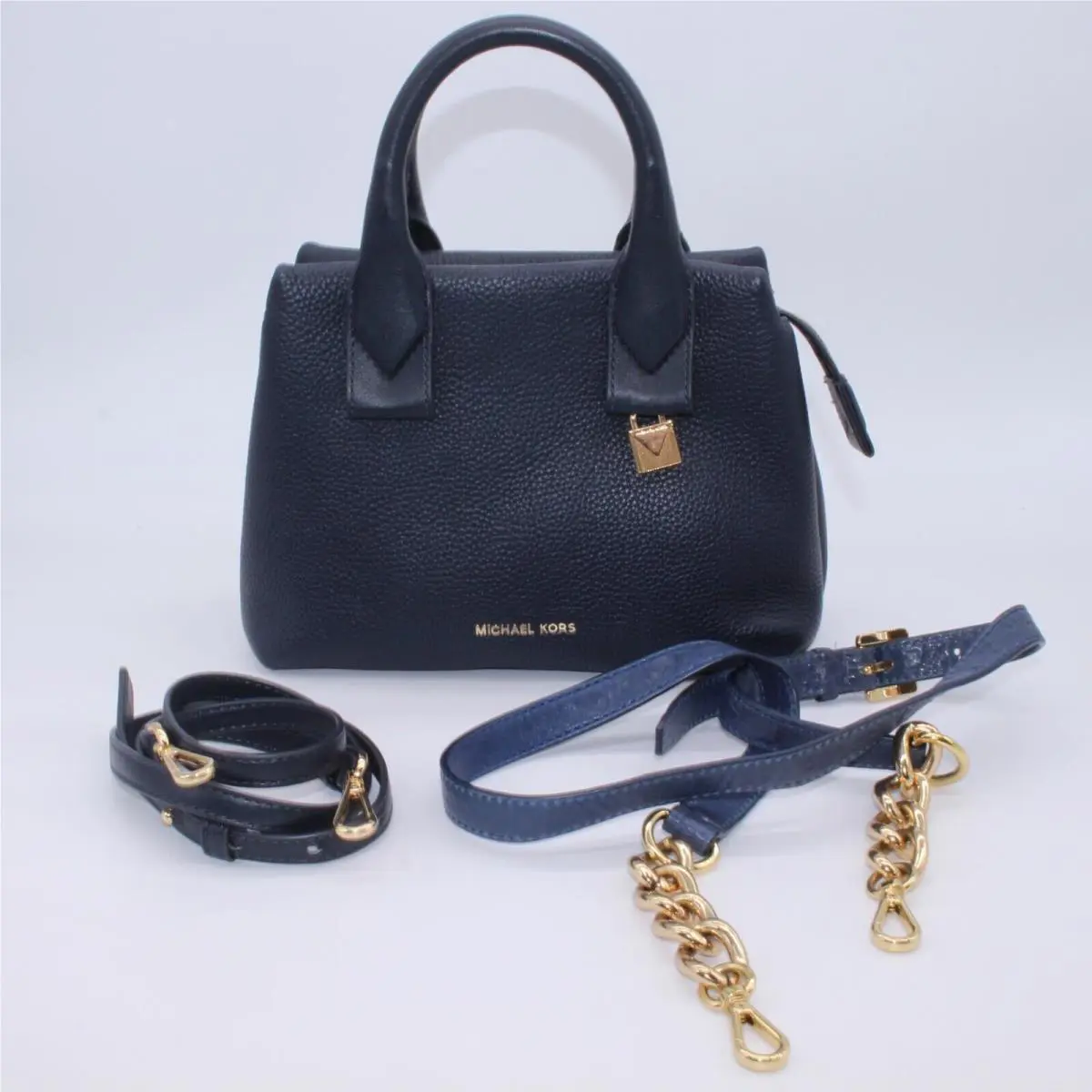 Michael Kors Satchel Shoulder Bag Purse Logo Admiral Blue Leather Gold