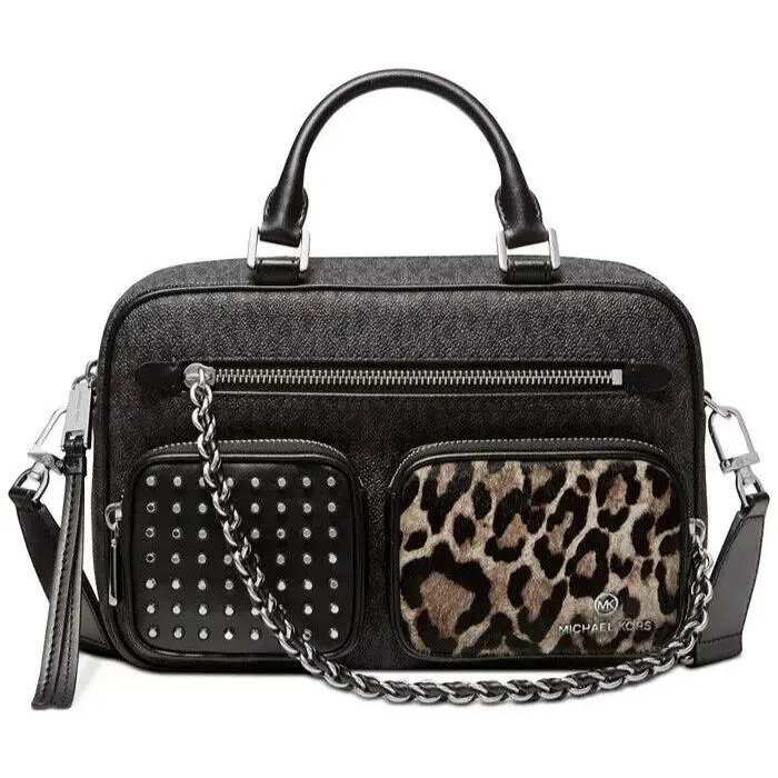 Michael Kors Elliot Black Logo Silver Stud Leopard MD Utility Camera Bag