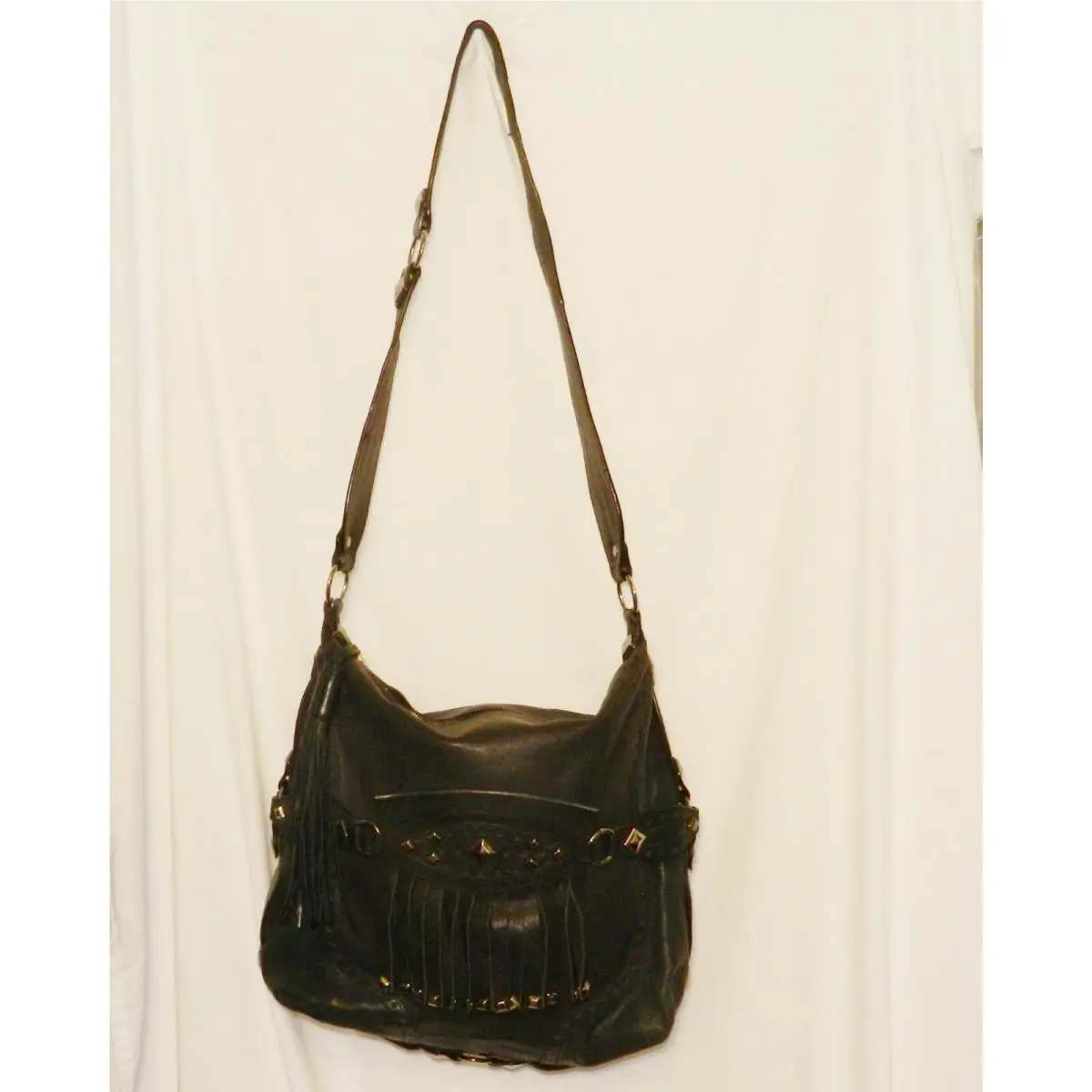 Kors Collegiate Top Zip Black Leather Fringe Crossbody