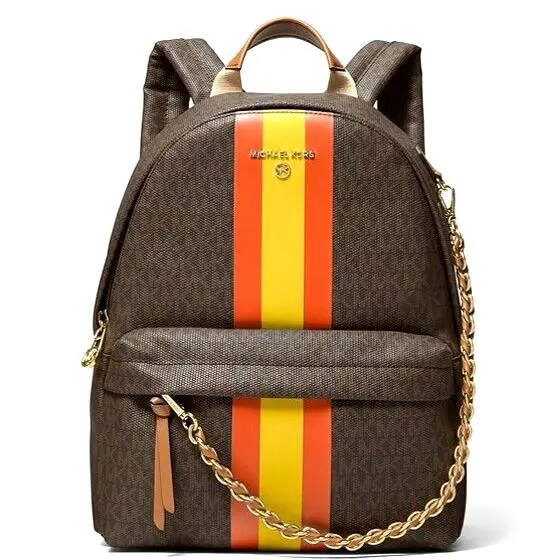 Michael Kors Slater Backpack Brown Logo Poppy Stripe Travel School Bag