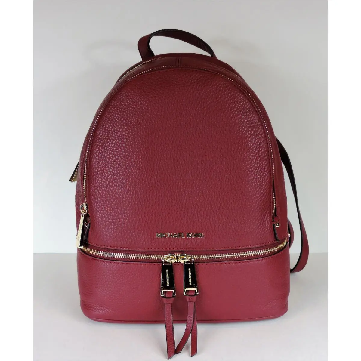 Michael Kors Rhea Zip Medium Backpack Mulberry Gold Leather Bag Handbag Tote