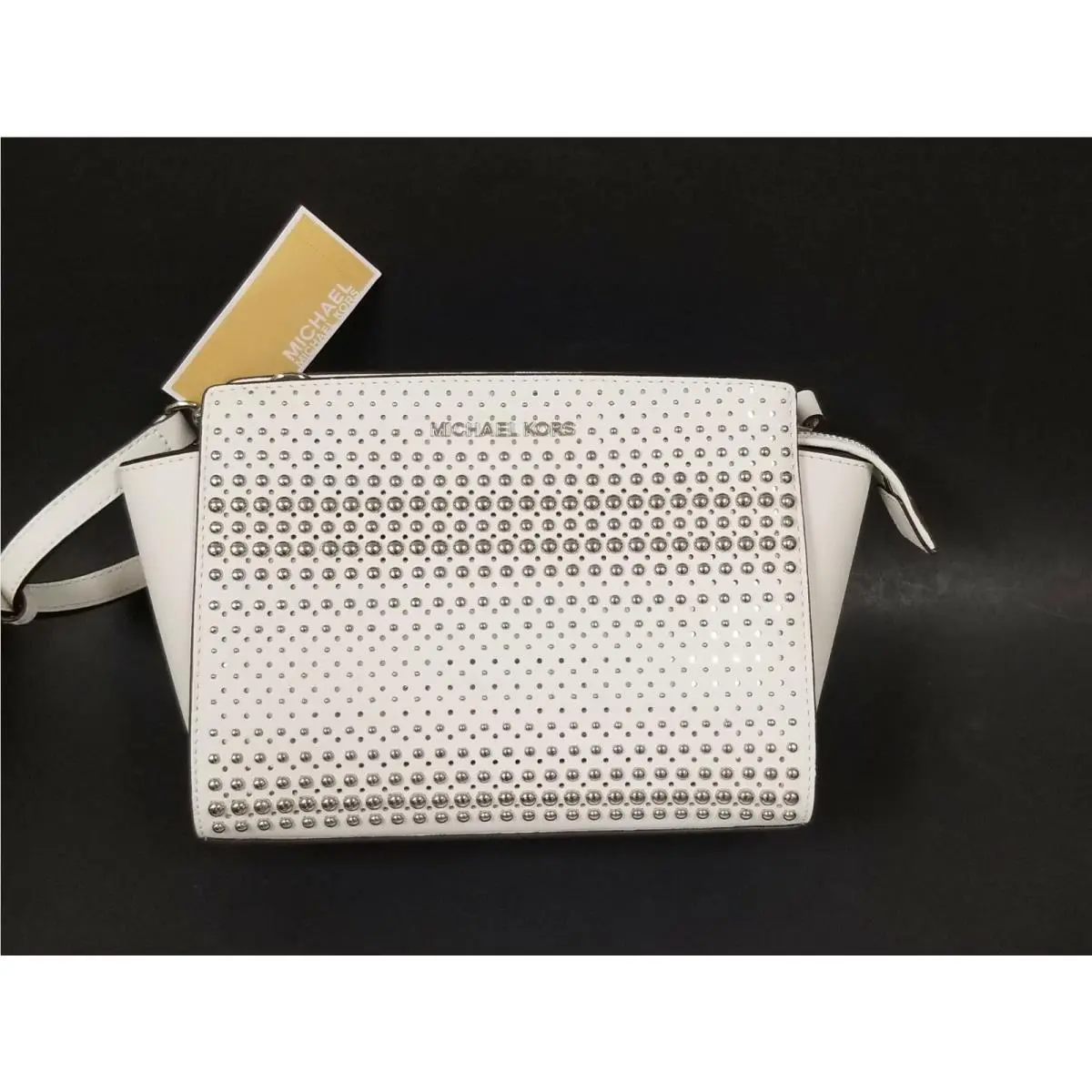 Michael Kors Selma Silver Stud Optic White Leather Crossbody Messenger Bag