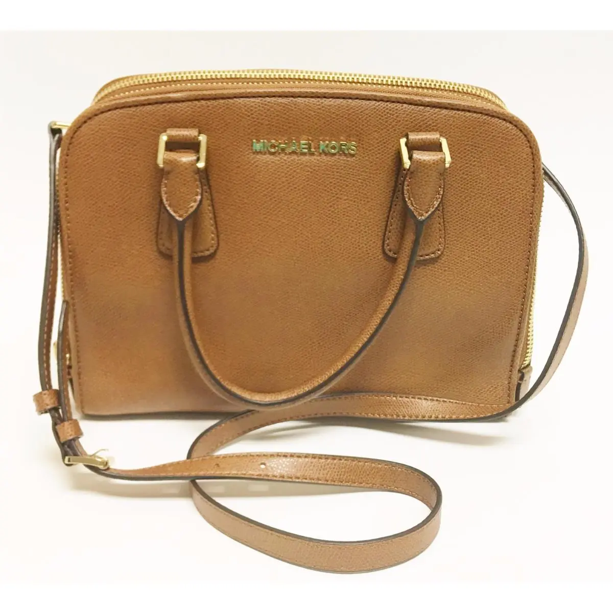 Michael Kors Reese Luggage Brown Saffiano Leather MD Satchel Crossbody Bag