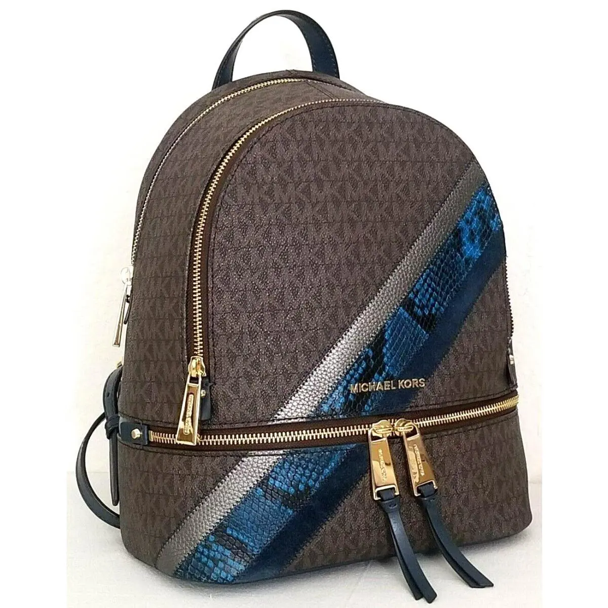 Michael Kors Rhea Zip Backpack Brown Logo Blue Stripe Travel School Bag