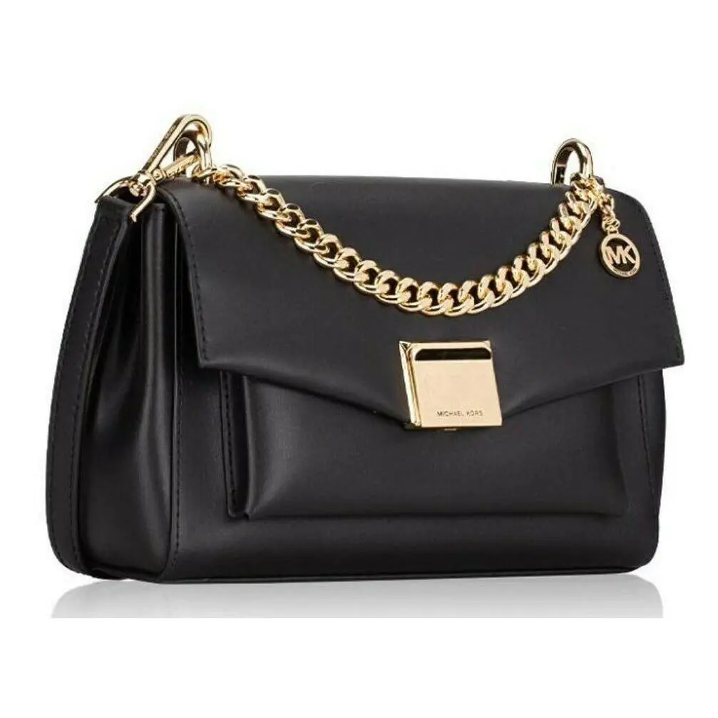 Michael Kors Lita Medium Black Leather Gold Chain Crossbody Shoulder Bag