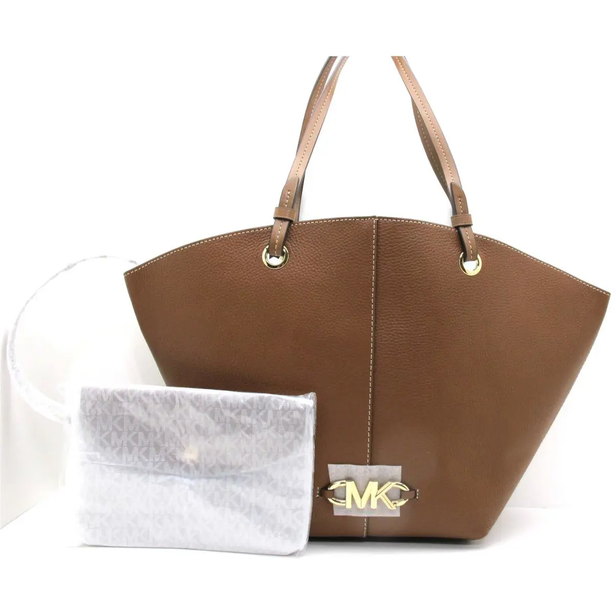 Auth. Michael Kors Izzy Medium Fan Shape Leather Tote Luggage/brown W/pouch