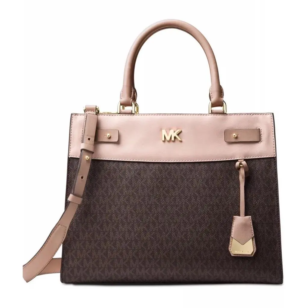 Michael Kors Reagan Lg Satchel Signature Brown Soft Pink Fawn Coated Twill