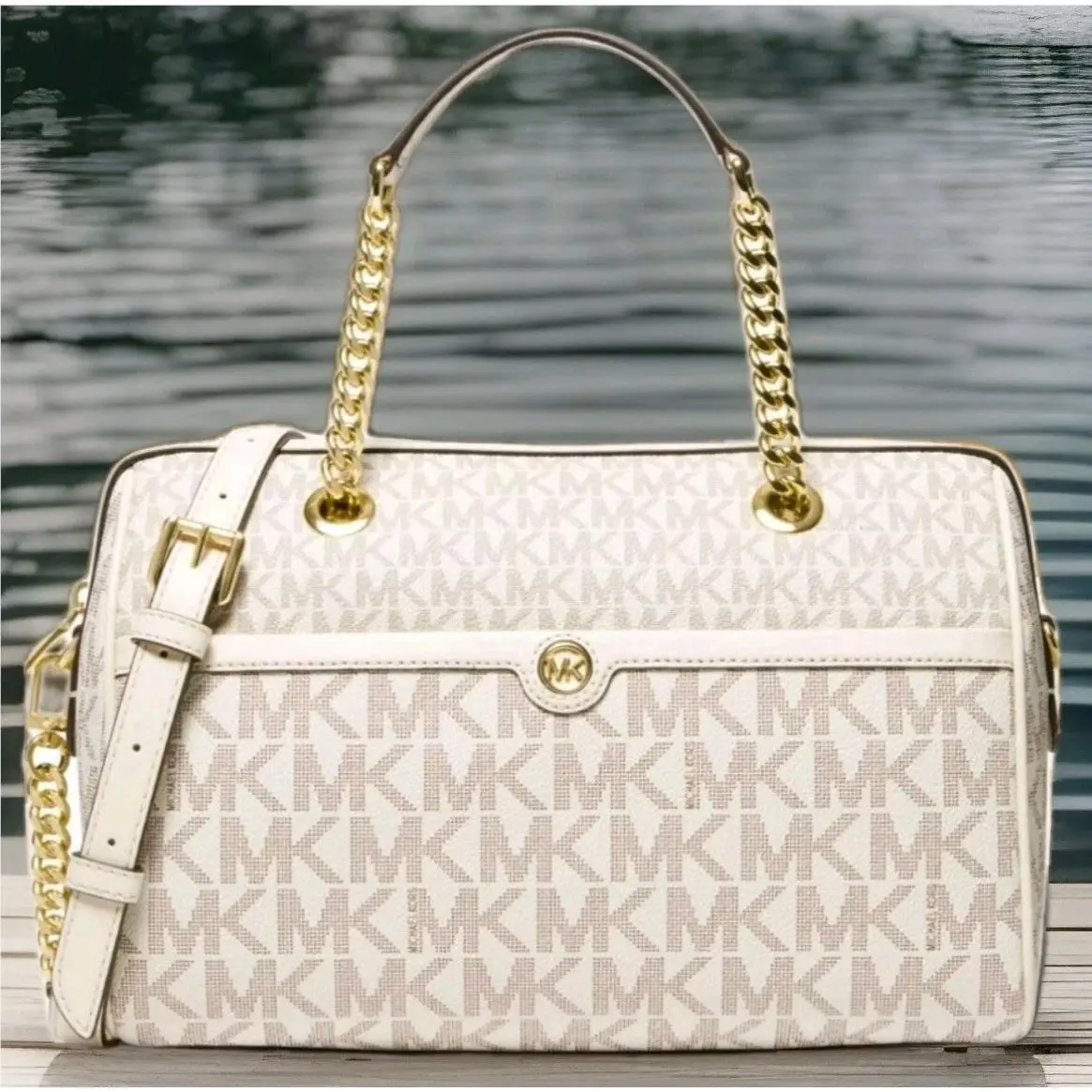 Michael Kors Blaire Vanilla Logo Gold Chain Medium Duffle Satchel Bag
