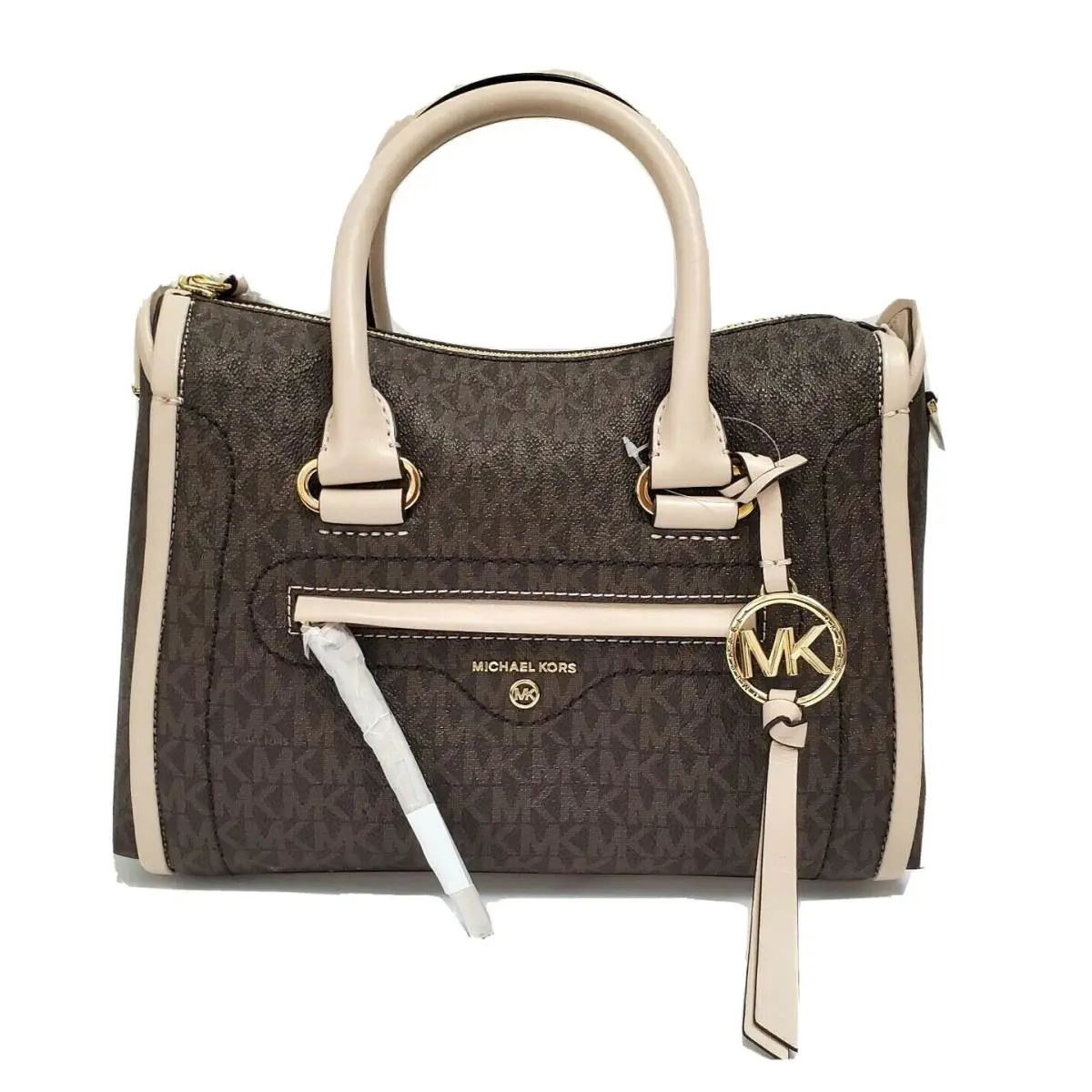 Women`s Michael Kors Carine Small Brown/soft/pink Satchel Handbag - Handle/Strap: Pink, Hardware: Pink, Exterior: Brown