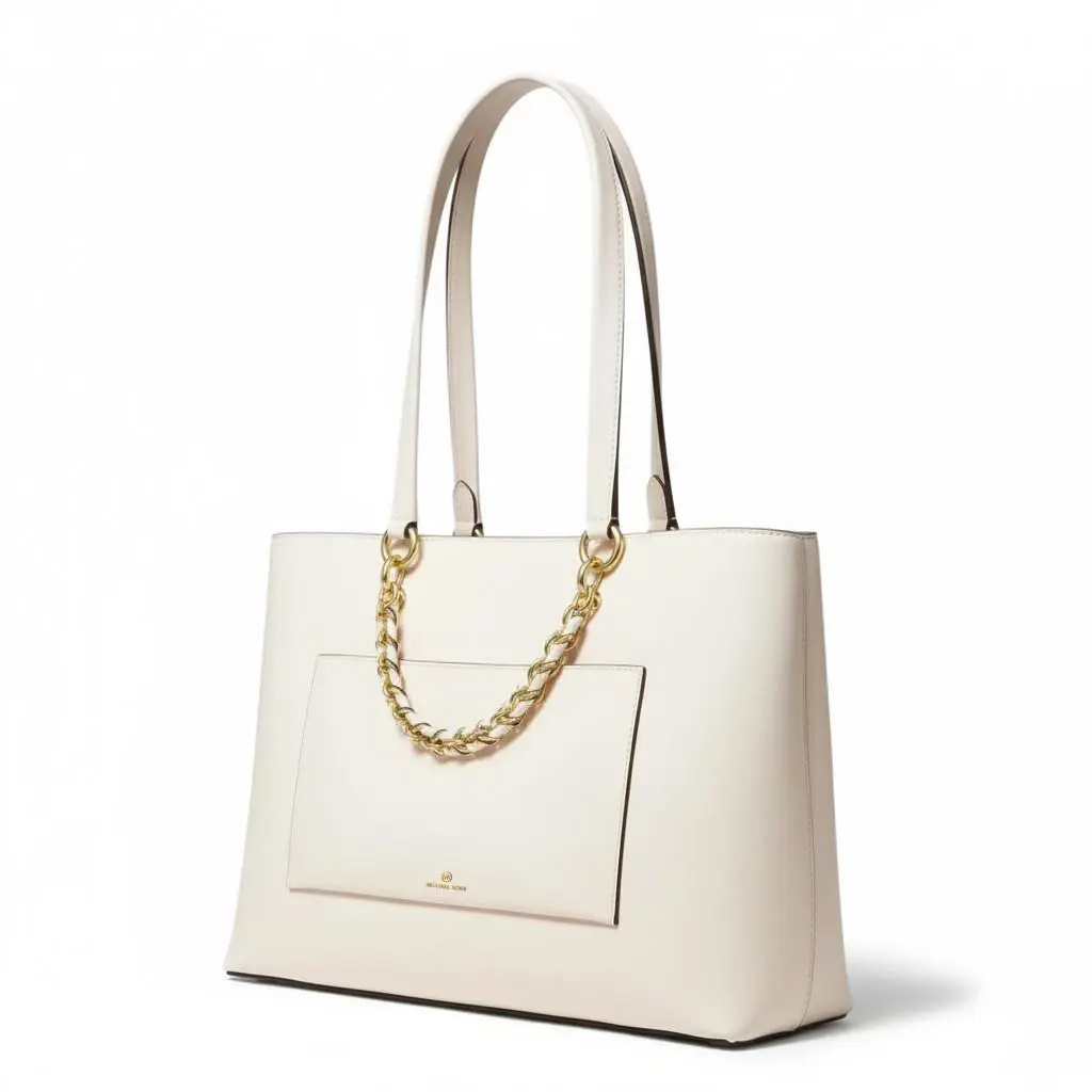 Michael Kors Cece Medium Ribbon Chain Leather Tote Light Sand Shoulder Bag