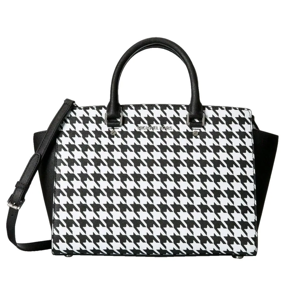 Michael Kors Selma Large Black White Houndstooth Saffiano Satchel Bag