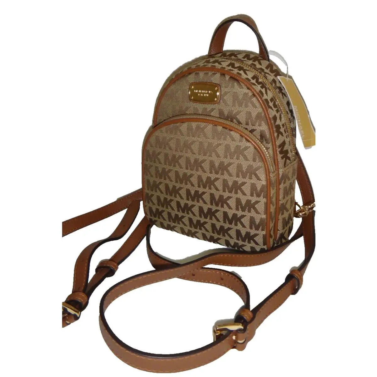 Michael Kors Abbey XS MK Signature Jacquard Zip Backpack Bag Beige Ebony Luggage