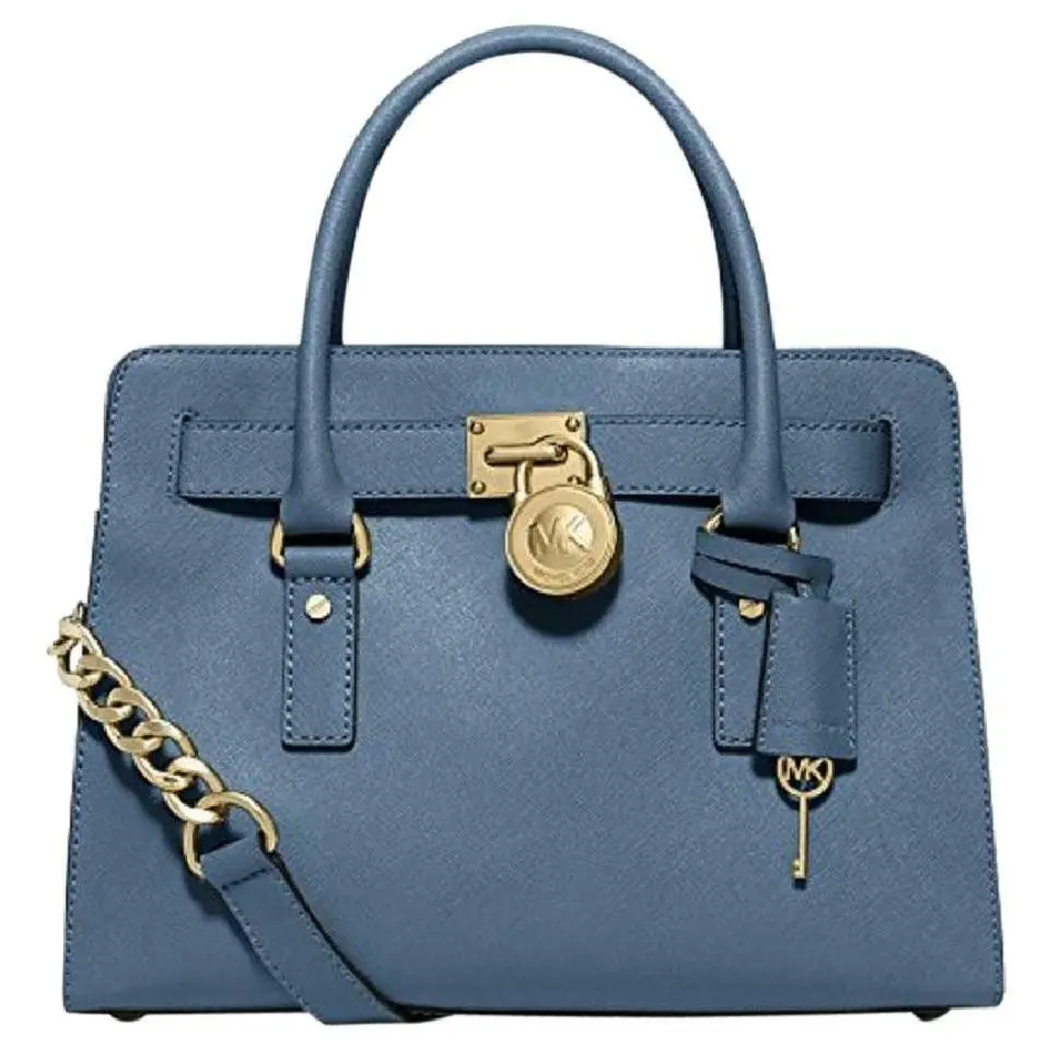 Michael Kors Hamilton Cornflower Blue Gold Saffiano Leather Satchel Bag