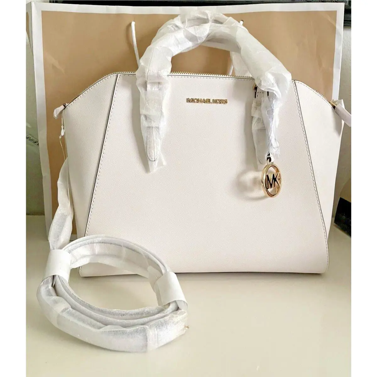 Michael Kors Ciara Large Optic White Leather Top Zip Satchel Handbag Crossbody