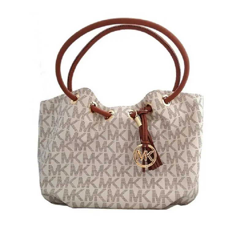 Michael Kors Ring Tote Vanilla White+brown Gold MK Logo Tassel Shoulder Bag