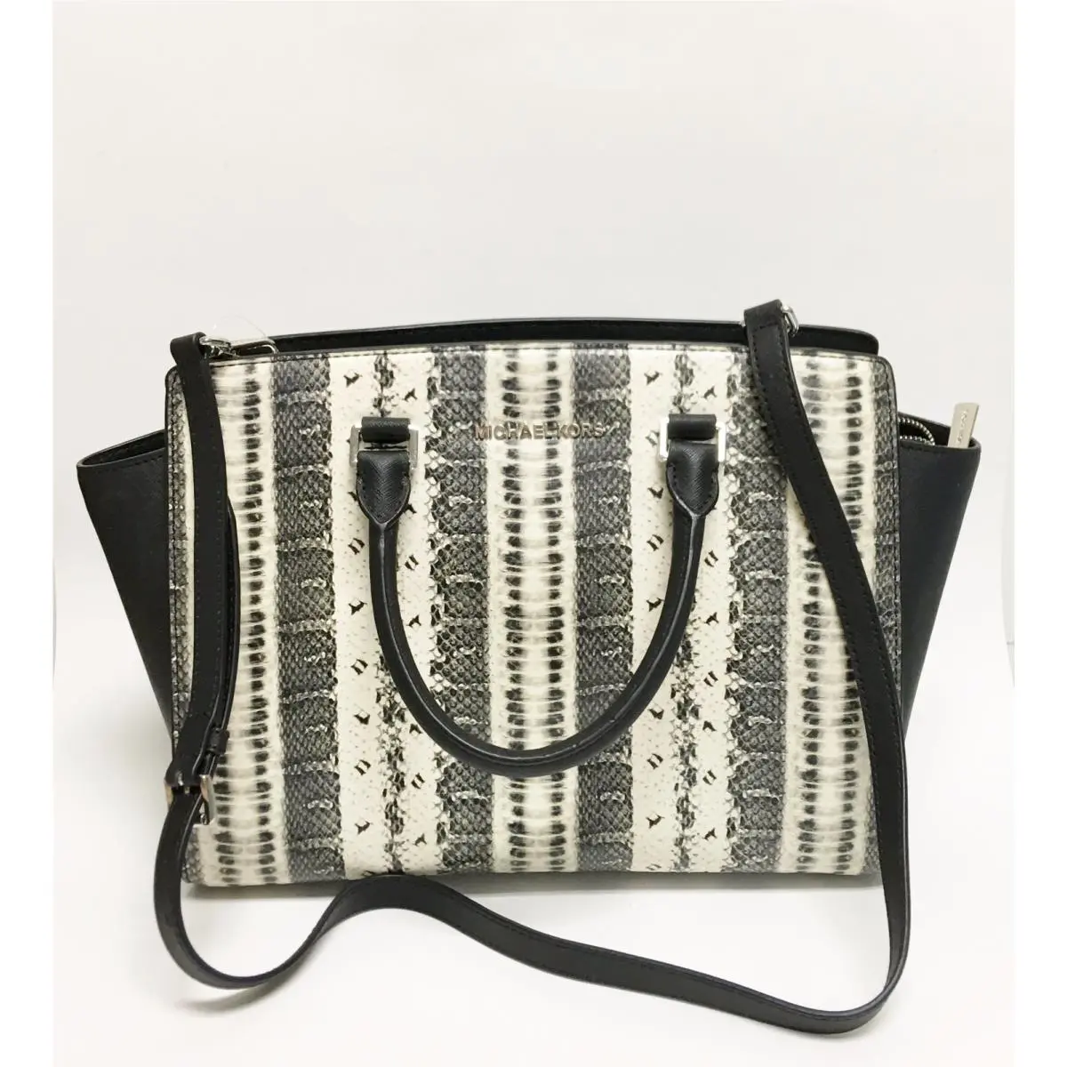 Michael Kors Selma Large Black White Snake Print Leather Satchel Tote Bag
