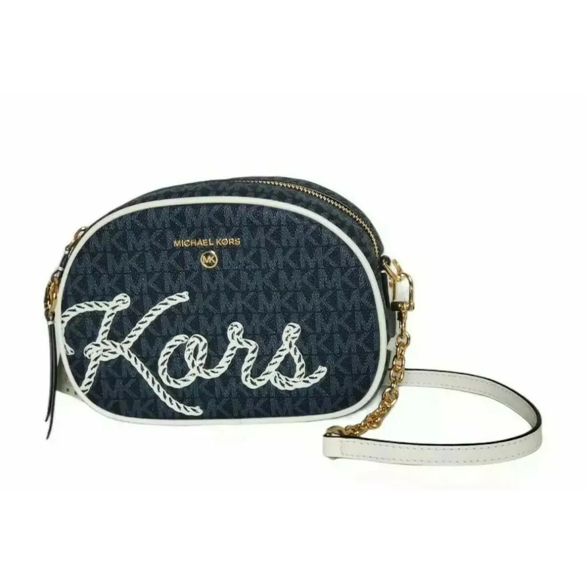 Michael Kors Jet Set Charm Signature Oval Camera Crossbody White Navy MK