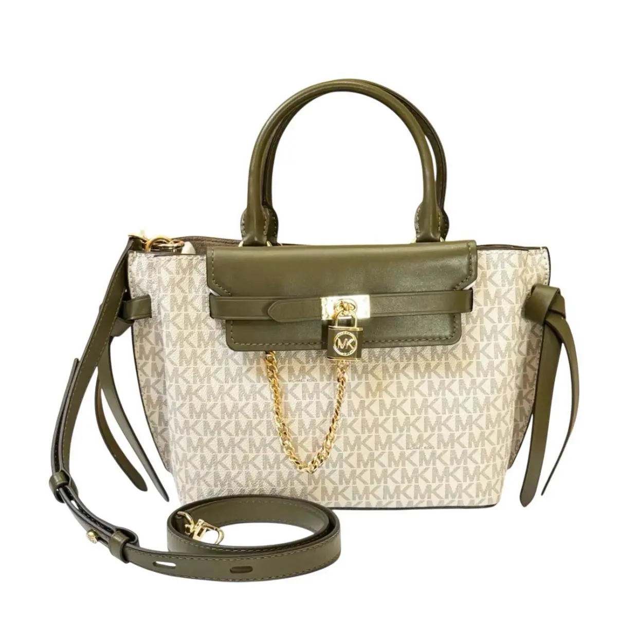 Michael Kors Hamilton Legacy Small Belted Satchel Shoulder Bag MK Vanilla/olive