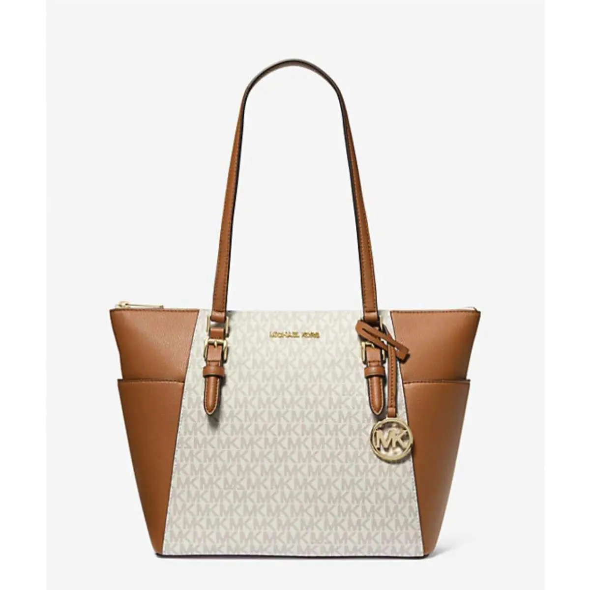 Michael Kors Charlotte Large Leather Top Zip Tote Vanilla Shoulder Bag