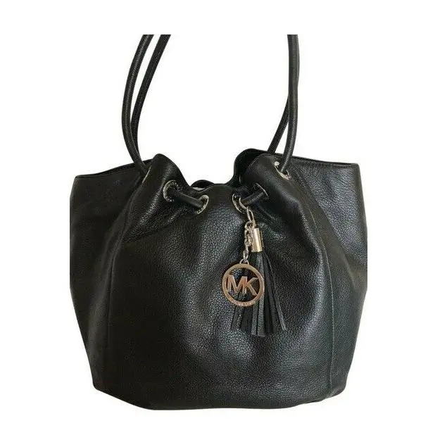 Michael Kors Ring Tote Black Leather Gold MK Logo Tassel Med EW Shoulder Bag