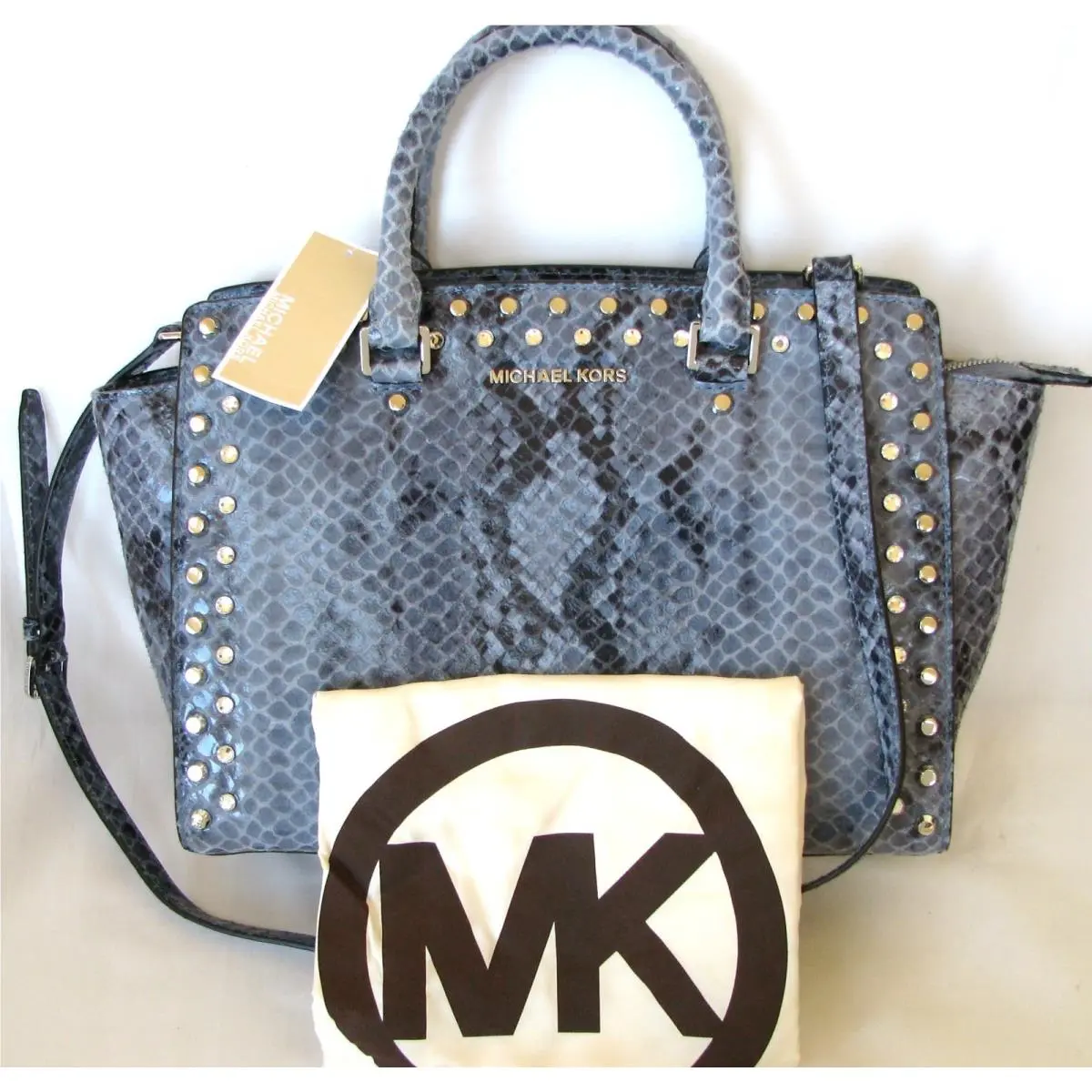 Michael Kors Large Selma Blue Python+jewel Satchel Crossbody Purse HAND+MSRP$498