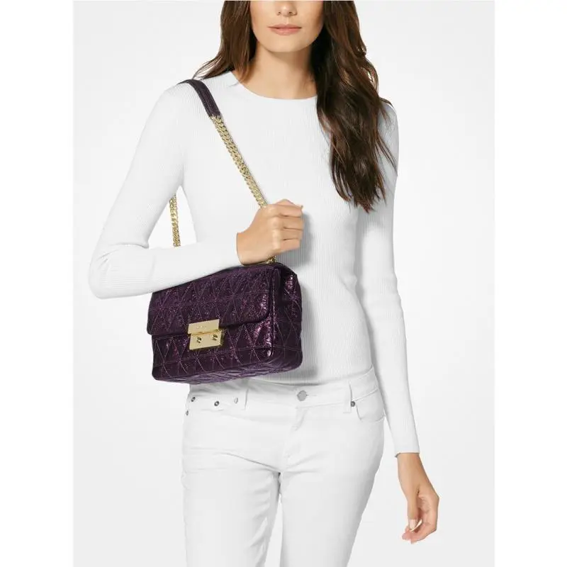 Michael Kors Damson Sloan Sparkle Purple Quilted Leather X-body Shoulder Bag