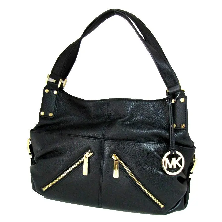 Michael Kors Portland Black Leather Gold Tone Tote Shoulder Bag Handbag