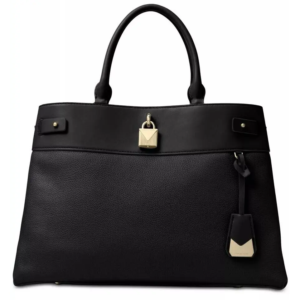 Michael Kors Gramercy Polished Leather Satchel Black Gold Tote Bag