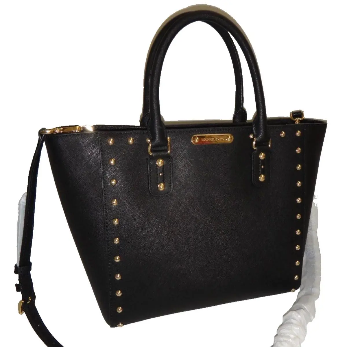 Michael Kors MK Sandrine Stud LG Tote Bag Black Saffiano Leather Gold 38F7CD1T3L