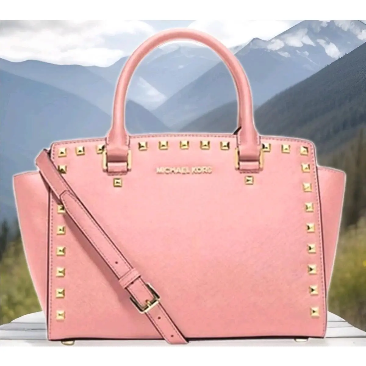 Michael Kors Selma Stud Pale Pink Saffiano Satchel Bag Factory Packaging