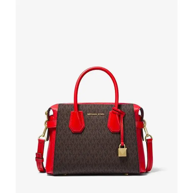 Mercer Small Logo Belted Satchel Brown Bright Red by Michael Kors