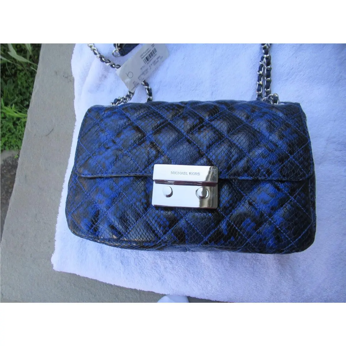 Michael Kors Quilted Black/blue Crossbody/ Shoulder Bag Silver/leather Cha