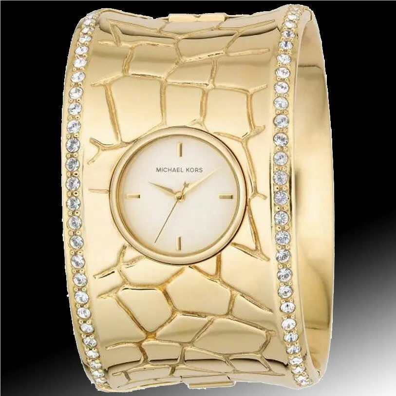 Michael Kors Pale Gold Tone Crystals Glitz Wide Cuff WATCH-MK3094