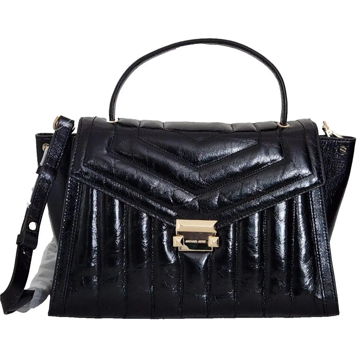 Mchael Kors Whitney Black Gold Quilt Leather Top Handle Large Satchel Bag