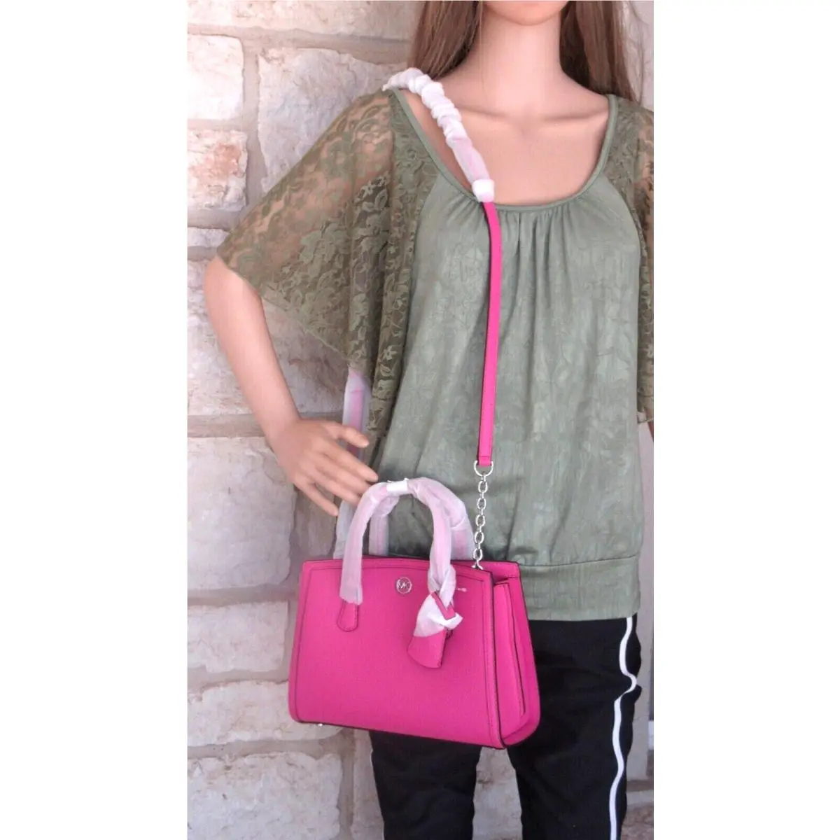 Michael Kors Chantal Small Leather Convertible Satchel/x-body Cerise MK Dust Bag