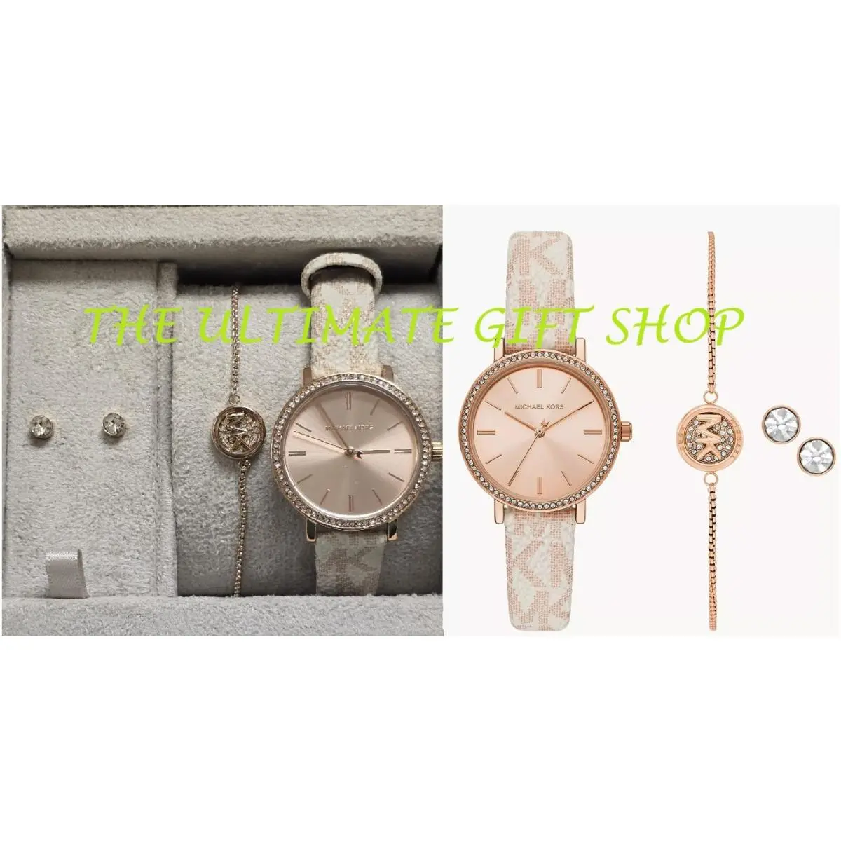 Rose Gold Vanilla White Pvc Crystals Watch Stud Earrings Bracelet by Michael Kors