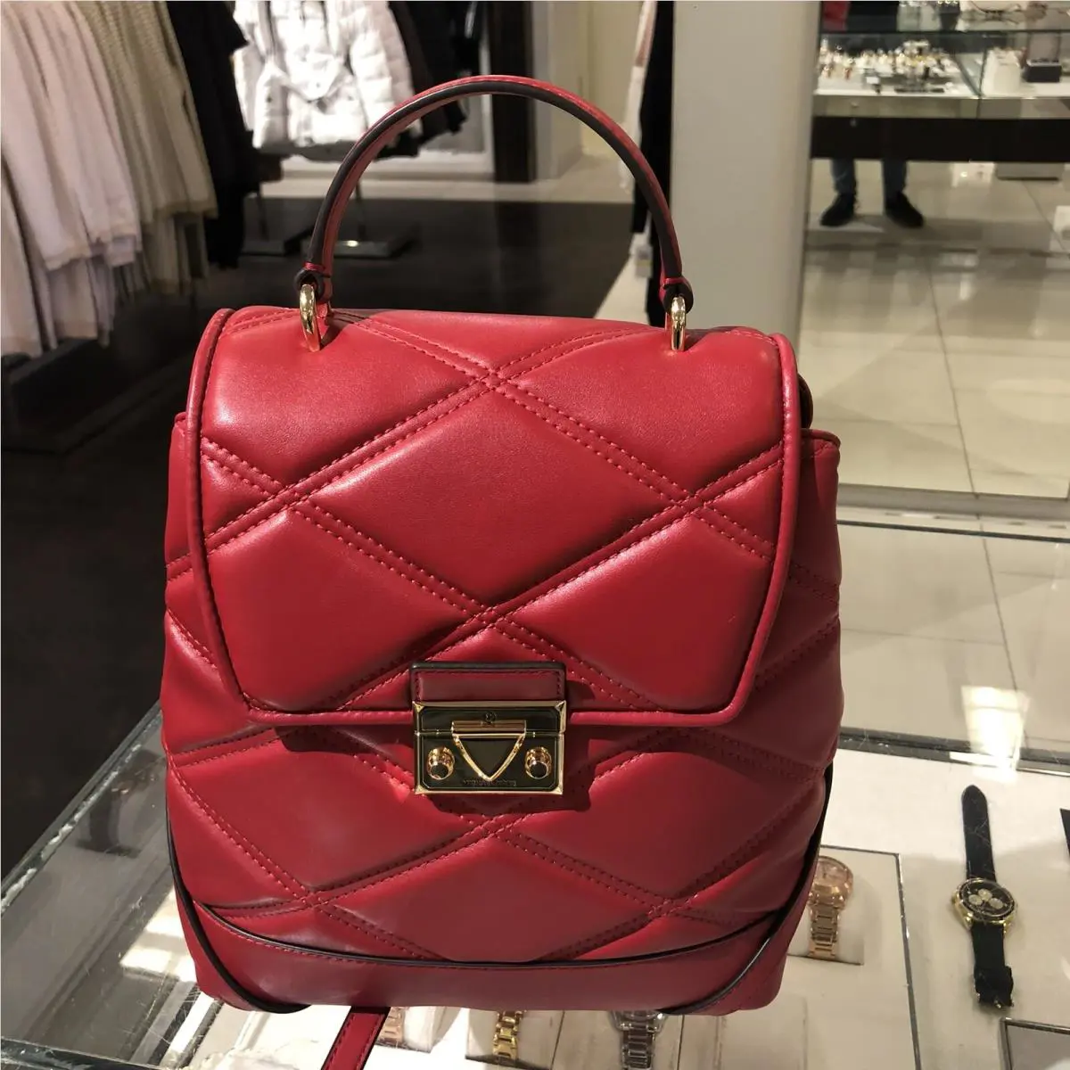 Michael Kors Serena MD Quilted Leather Flap Backpack Handbag Purse In Chili Red