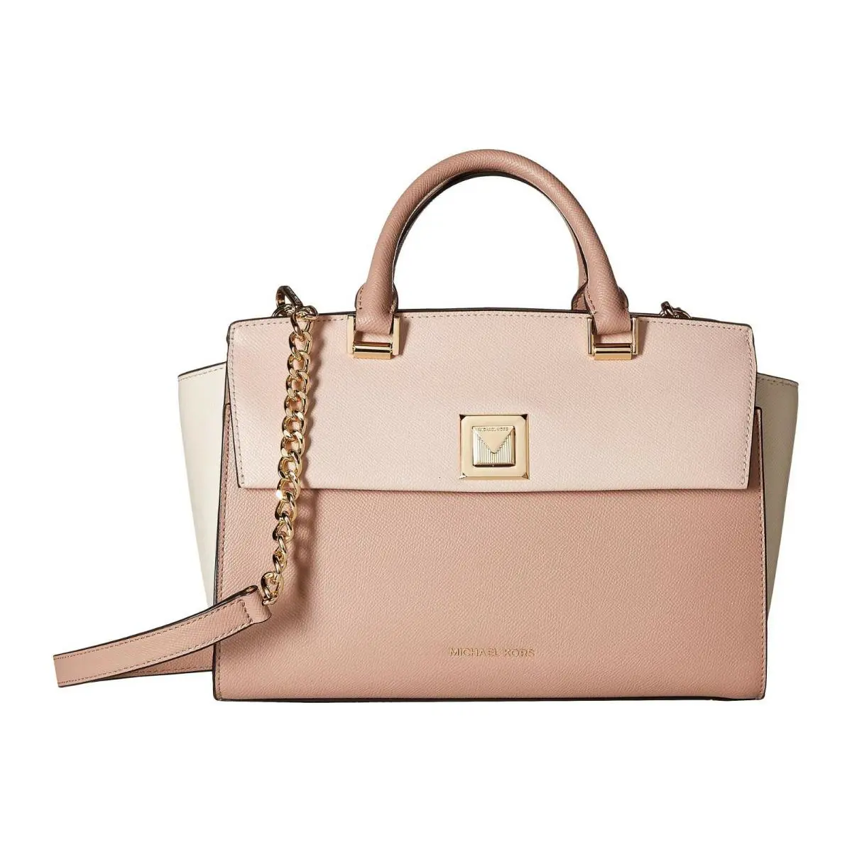 Michael Kors Women`s MK Sylvia MD TZ Satchel Bag Pink Cream Leather 30S9GYLS2T - Exterior: Soft Pink / Light Cream/ Fawn / Gold