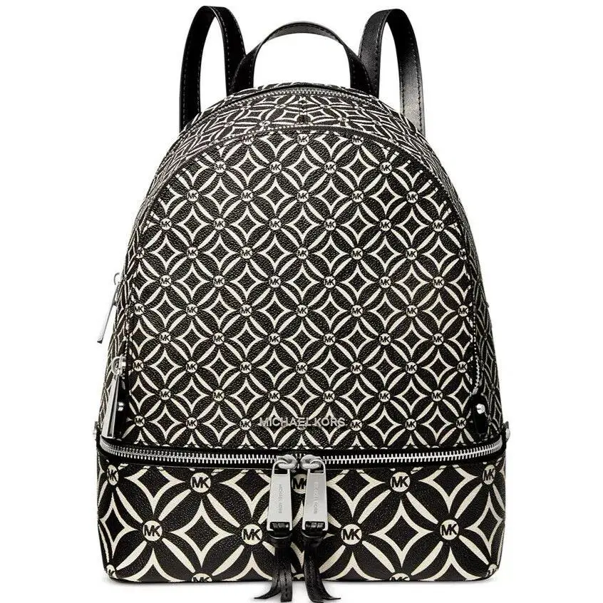 Michael Kors Rhea Zip Black Light Cream Logo Silver Backpack Travel Bag